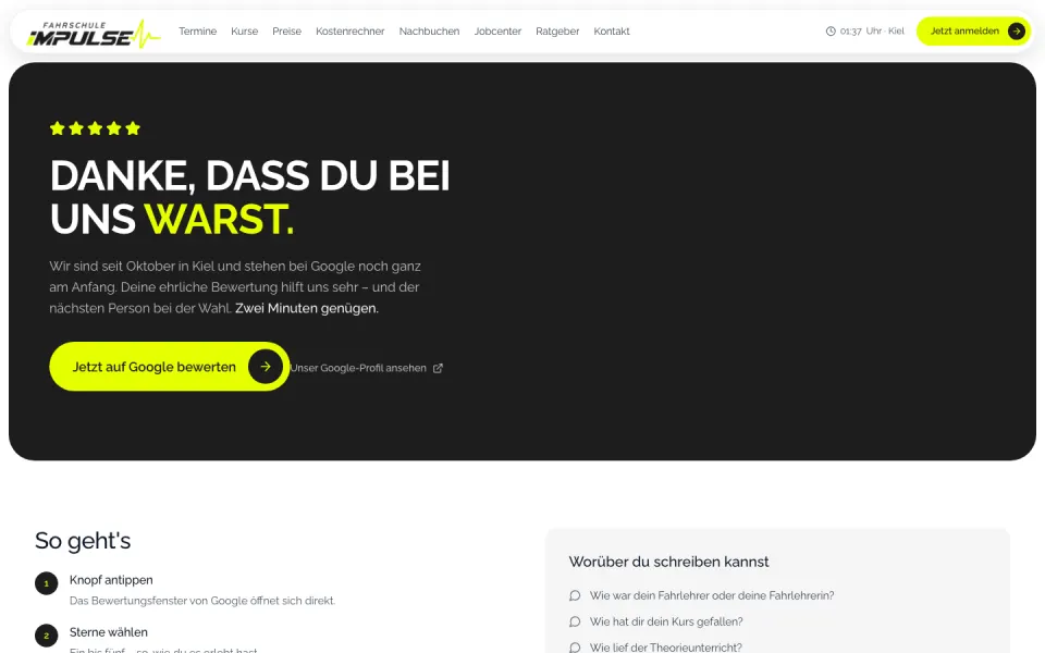 Bewertungsseite „Danke, dass du bei uns warst“ auf fahrschule-impulse.de