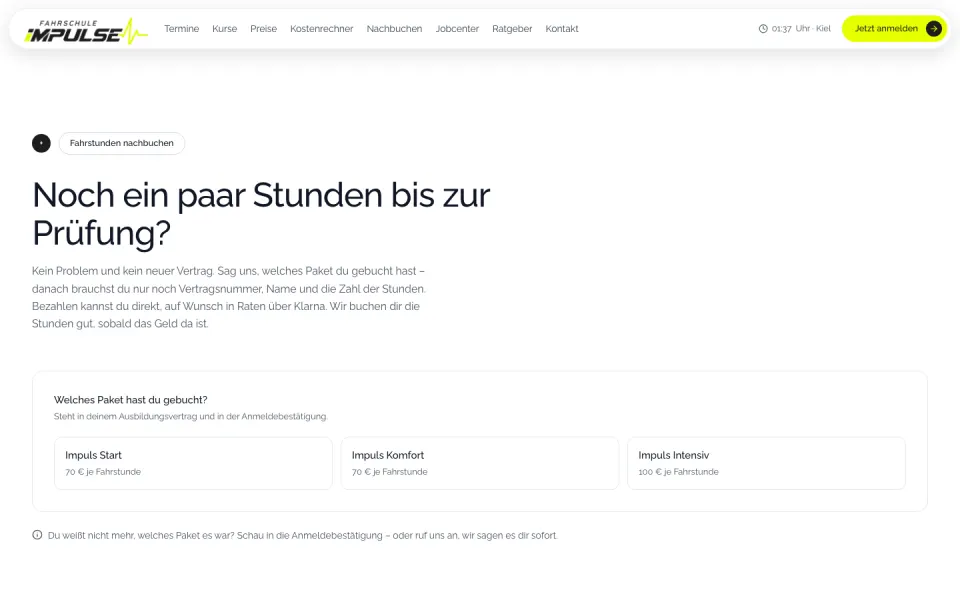 Seite „Fahrstunden nachbuchen“ auf fahrschule-impulse.de mit Paketauswahl