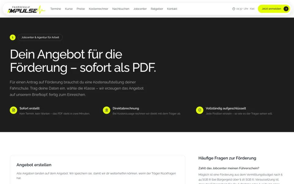 Seite „Jobcenter-Angebot“ auf fahrschule-impulse.de