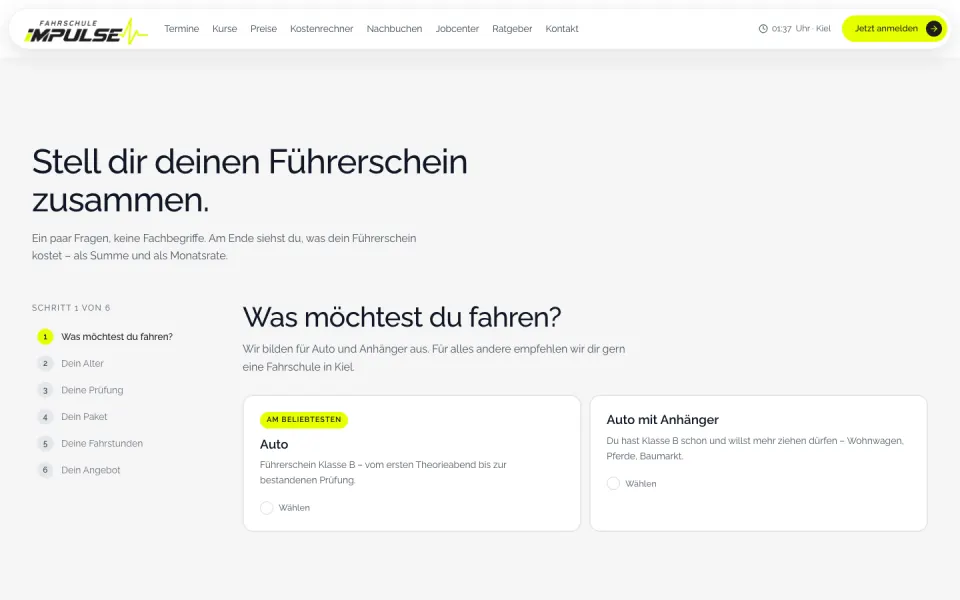 Führerschein-Konfigurator auf fahrschule-impulse.de, Schritt 1 von 6