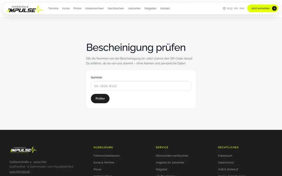 Seite „Bescheinigung prüfen“: Echtheitsprüfung über Nummer oder QR-Code