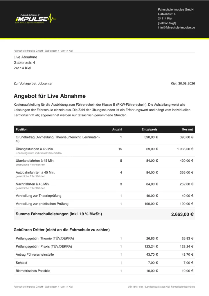 Beispiel eines automatisch erzeugten Angebots als PDF mit Einzelpositionen und getrennten Gebühren Dritter